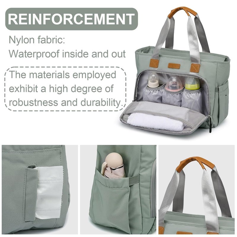 FHELAD Diaper Bag Tote, Large Tote Diaper Bag with 16" Laptop Compartment, Baby Bag with Insulated Pocket for Mam and Dad, Ideal for Travel, Work (Morandi Grey) | Dual stroller hooks, Working Parents, 3 Insulated Pocket - Image 3
